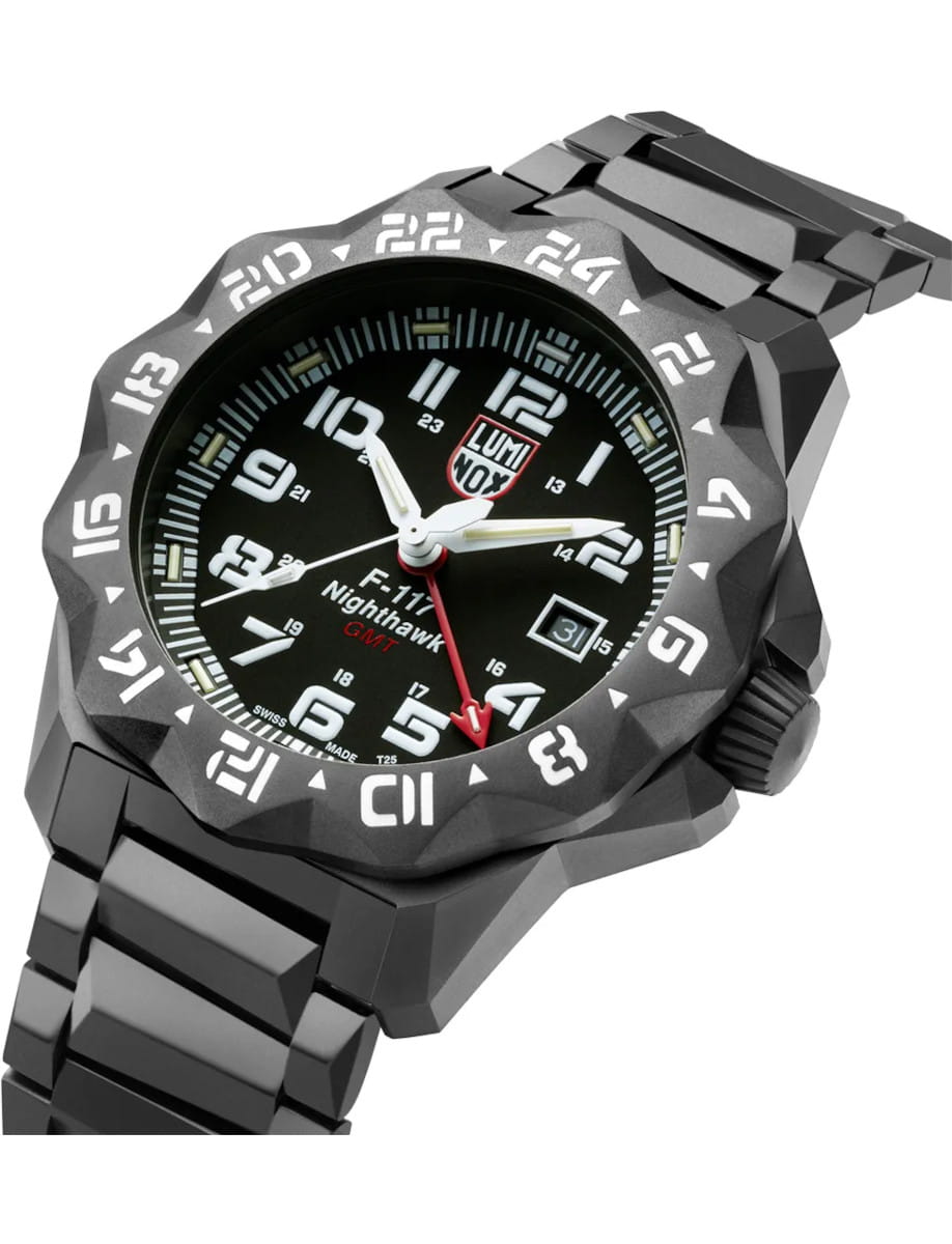 Side view of Luminox wristwatch featured in black PVD stainless steel, quartz movement with GMT function, black dial, black PVD stainless steel bracelet.