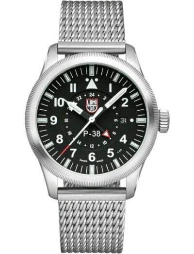 Luminox wristwatch featured in stainless steel, quartz movement with GMT, black dial, stainless steel bracelet.