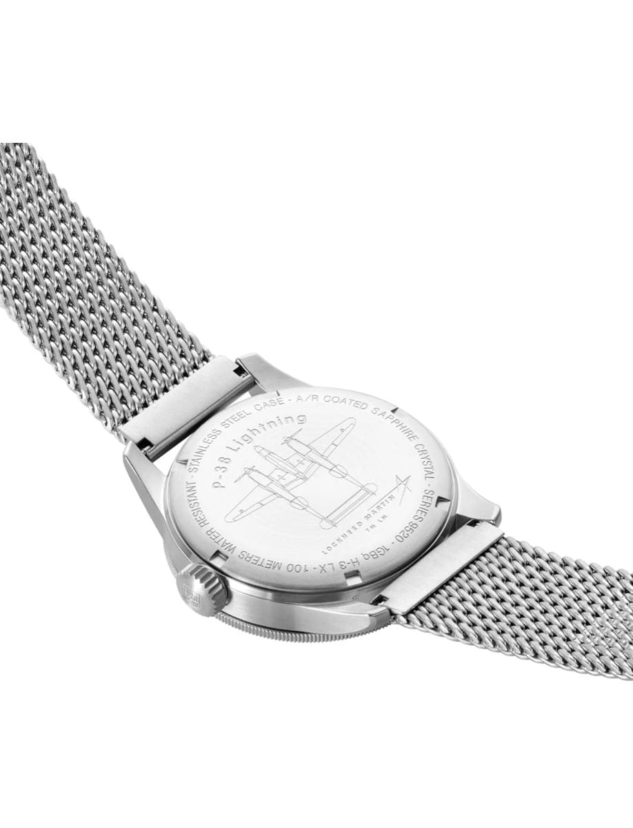 Back view of Luminox wristwatch featured in stainless steel, quartz movement with GMT, black dial, stainless steel bracelet.