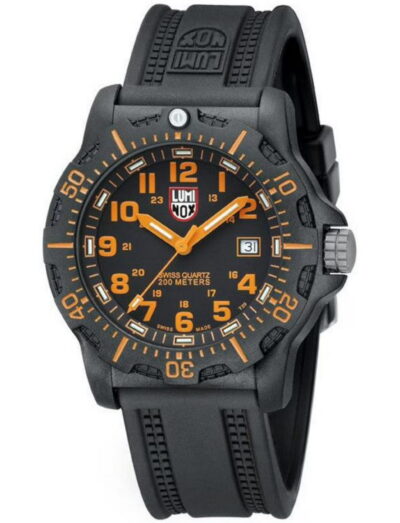 Luminox wristwatch wristwatch featured in black reinforced, quartz movement, black dial with orange print, black rubber strap.
