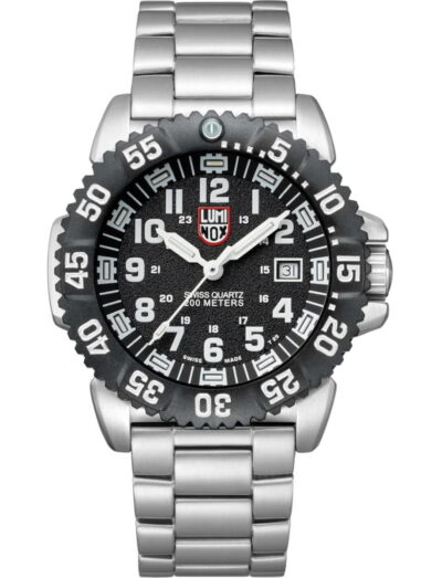 Luminox Navy Seal wristwatch with stainless steel case and bracelet, and black dial.