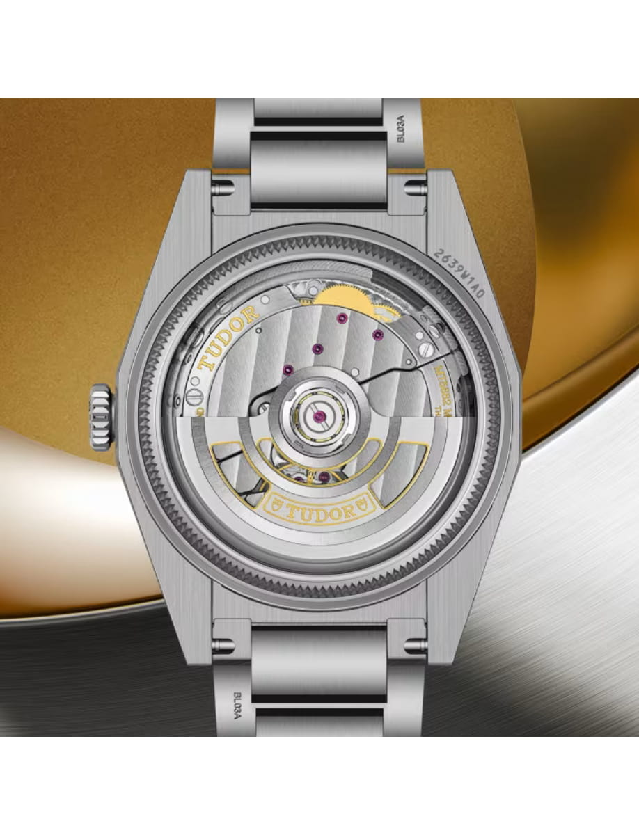 Back view of Tudor wristwatch with stainless steel case and bracelet and dark champagne dial