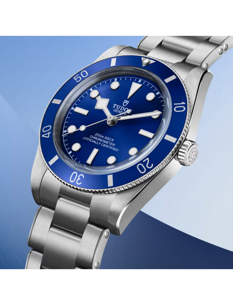 Side view of Tudor wristwatch with stainless steel case and bracelet and blue dial