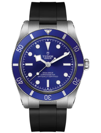 Tudor wristwatch with stainless steel case, blue dial and black rubber strap