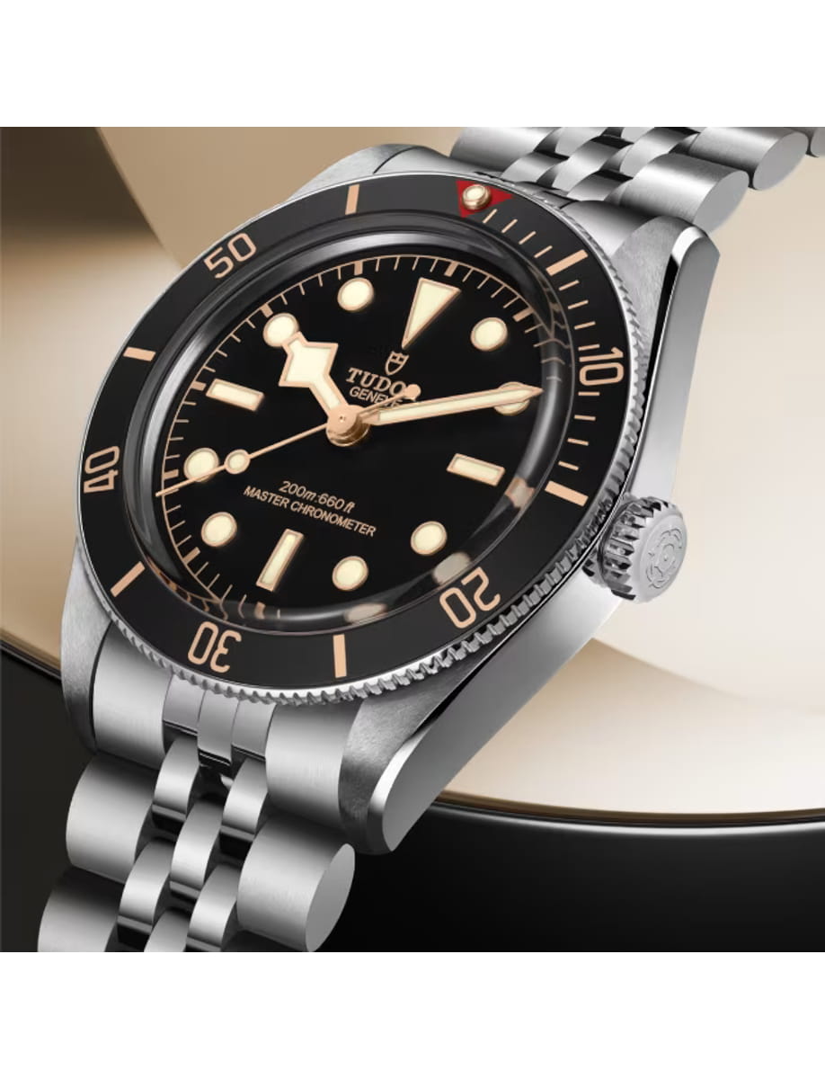 Side view of Tudor wristwatch with stainless steel case and bracelet and black dial