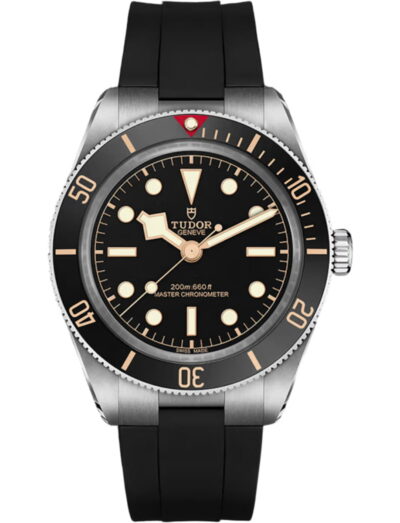 Tudor wristwatch with stainless steel case, black dial and black rubber strap
