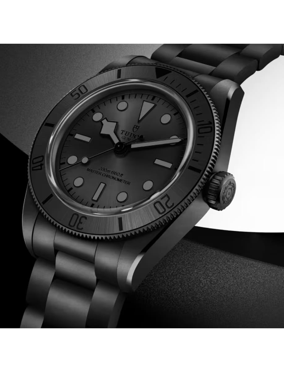 Side view of Tudor wristwatch with matt black ceramic case and bracelet and black dial