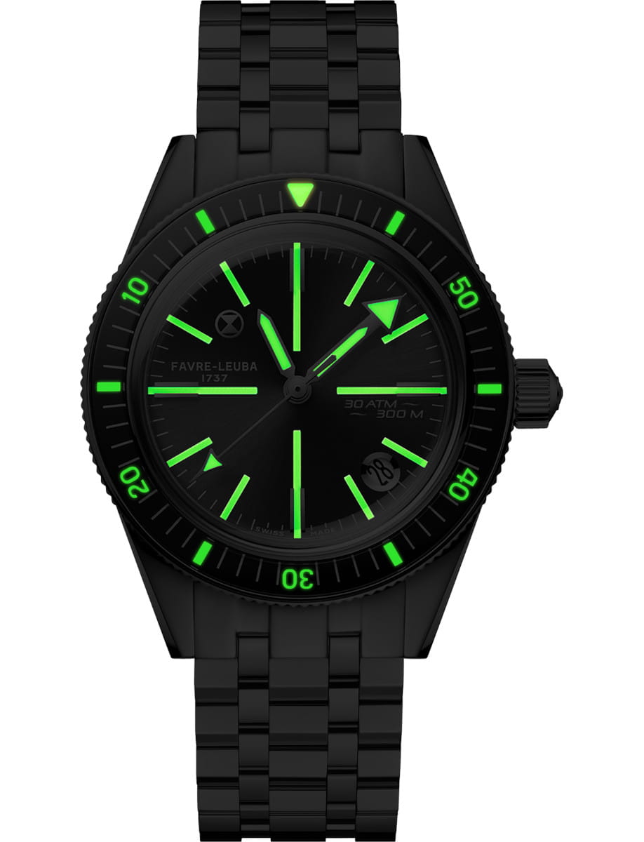Night view of Favre Leuba Deep Raider Revival wristwatch with stainless steel and black dial.