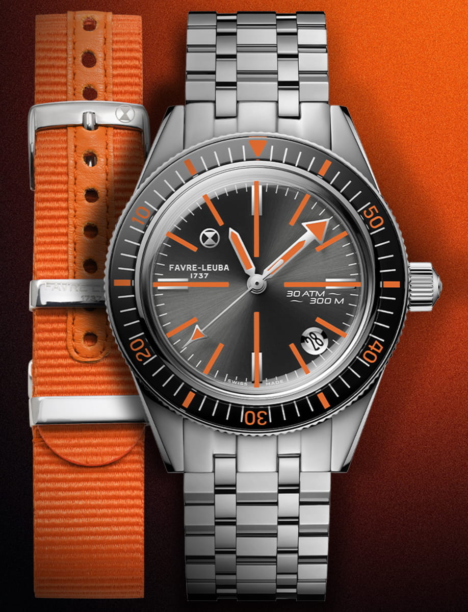 Close view of Favre Leuba Deep Raider Revival wristwatch with stainless steel, black dial, and orange strap.