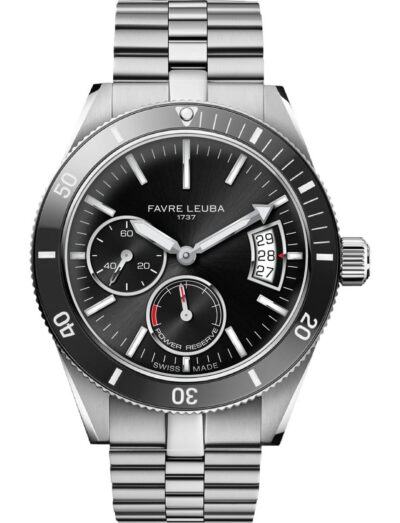 Favre Leuba Deep Raider Power Reserve wristwatch with stainless steel case and bracelet, and black dial.