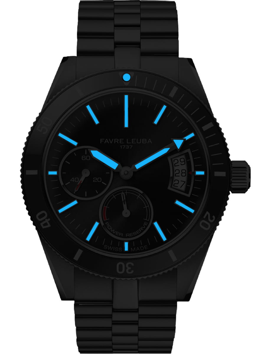 Night view of Favre Leuba Deep Raider Power Reserve wristwatch with stainless steel case and bracelet, and black dial.
