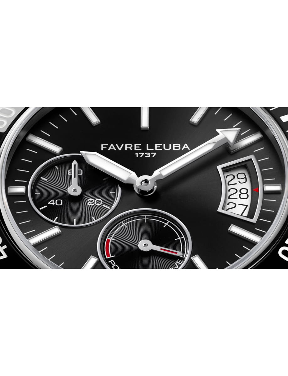 Close view of Favre Leuba Deep Raider Power Reserve wristwatch with stainless steel case and bracelet, and black dial.