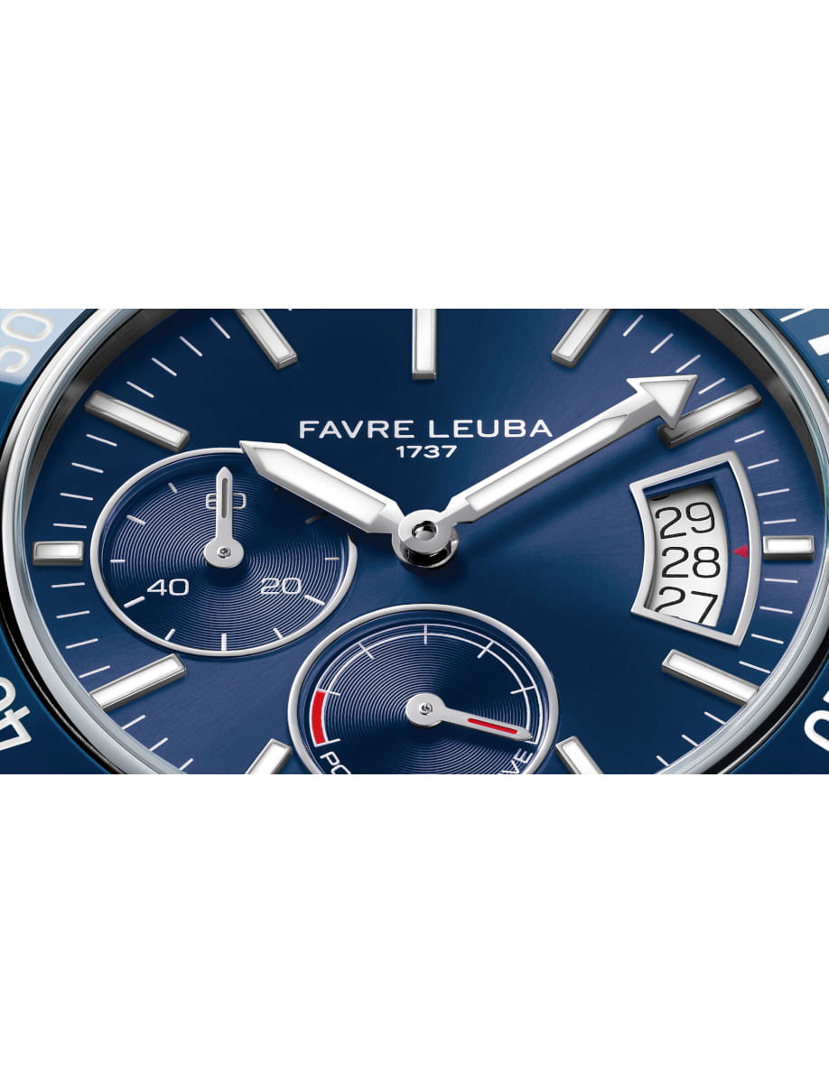 Close view of Favre Leuba Deep Raider Power Reserve wristwatch with stainless steel case and bracelet, and blue dial.
