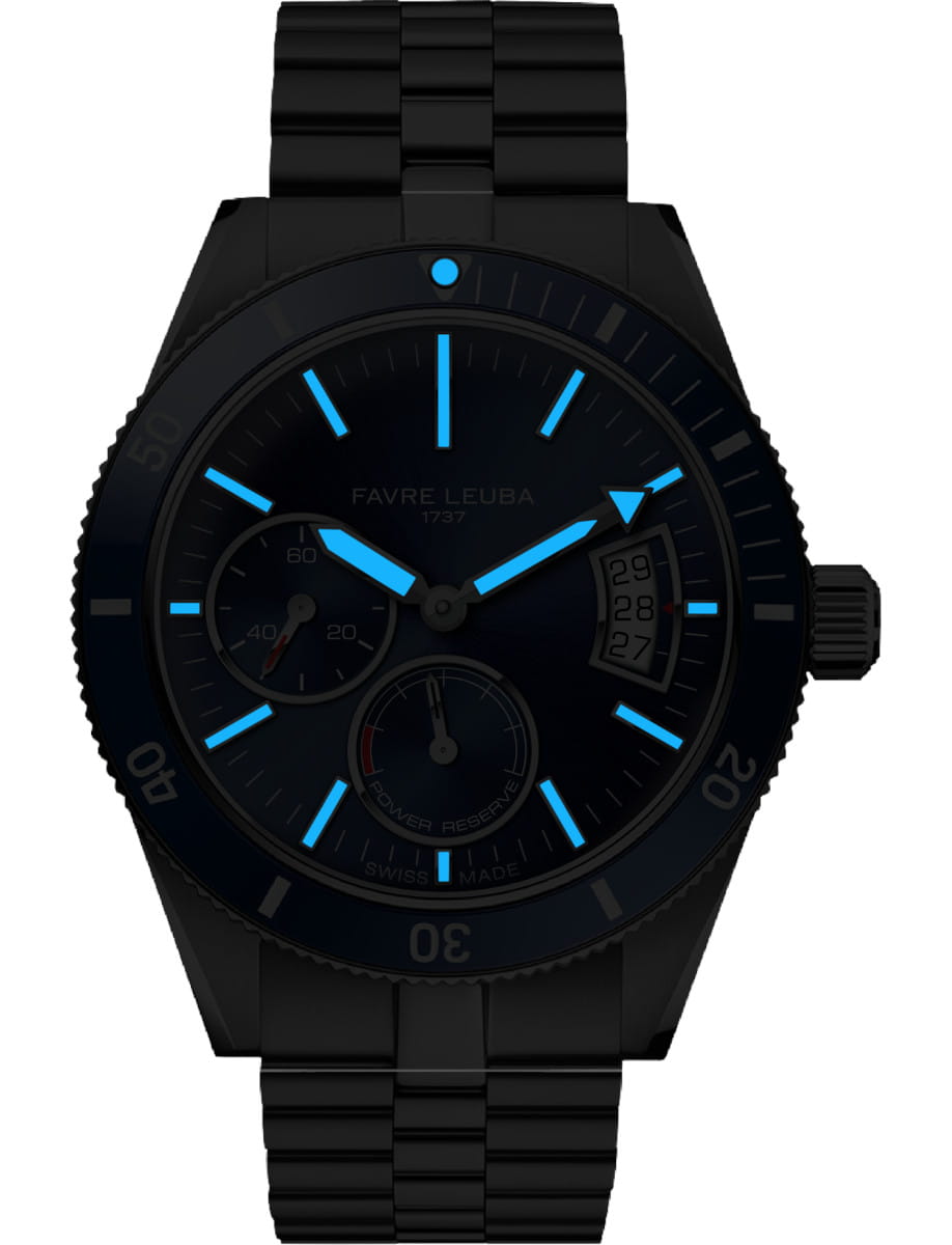 Night view of Favre Leuba Deep Raider Power Reserve wristwatch with stainless steel case and bracelet, and blue dial.