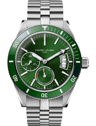Favre Leuba Deep Raider Power Reserve wristwatch with stainless steel case and bracelet, and green dial.