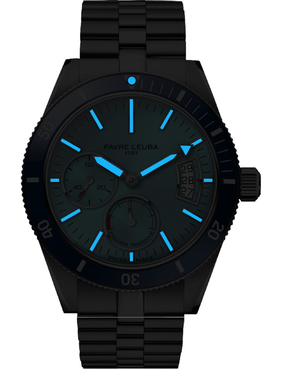 Night view of Favre Leuba Deep Raider Power Reserve wristwatch with stainless steel case and bracelet, and ice blue dial.