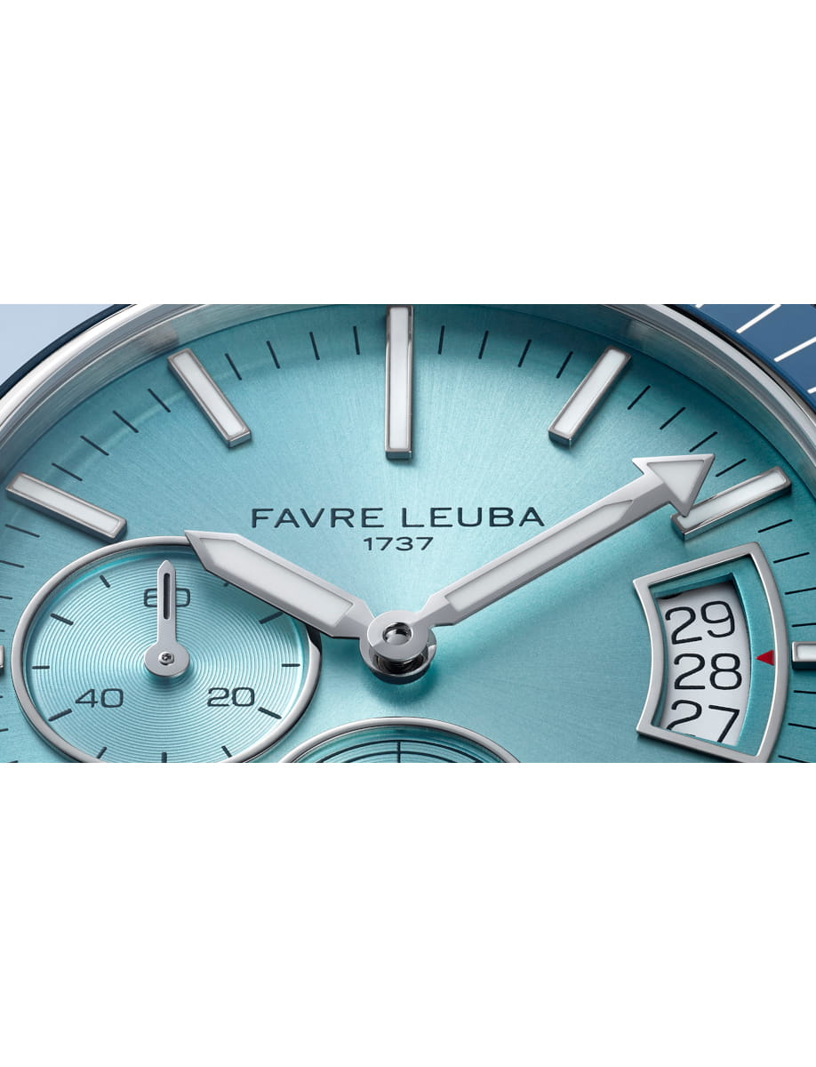 Close view of Favre Leuba Deep Raider Power Reserve wristwatch with stainless steel case and bracelet, and ice blue dial.