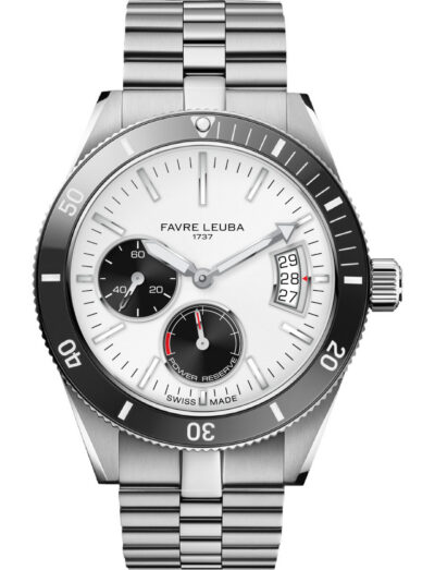 Favre Leuba Deep Raider Power Reserve wristwatch with stainless steel case and bracelet, and white dial.