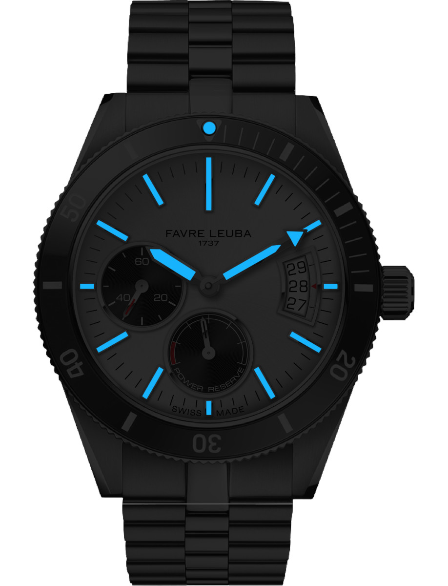 Night view of Favre Leuba Deep Raider Power Reserve wristwatch with stainless steel case and bracelet, and white dial.