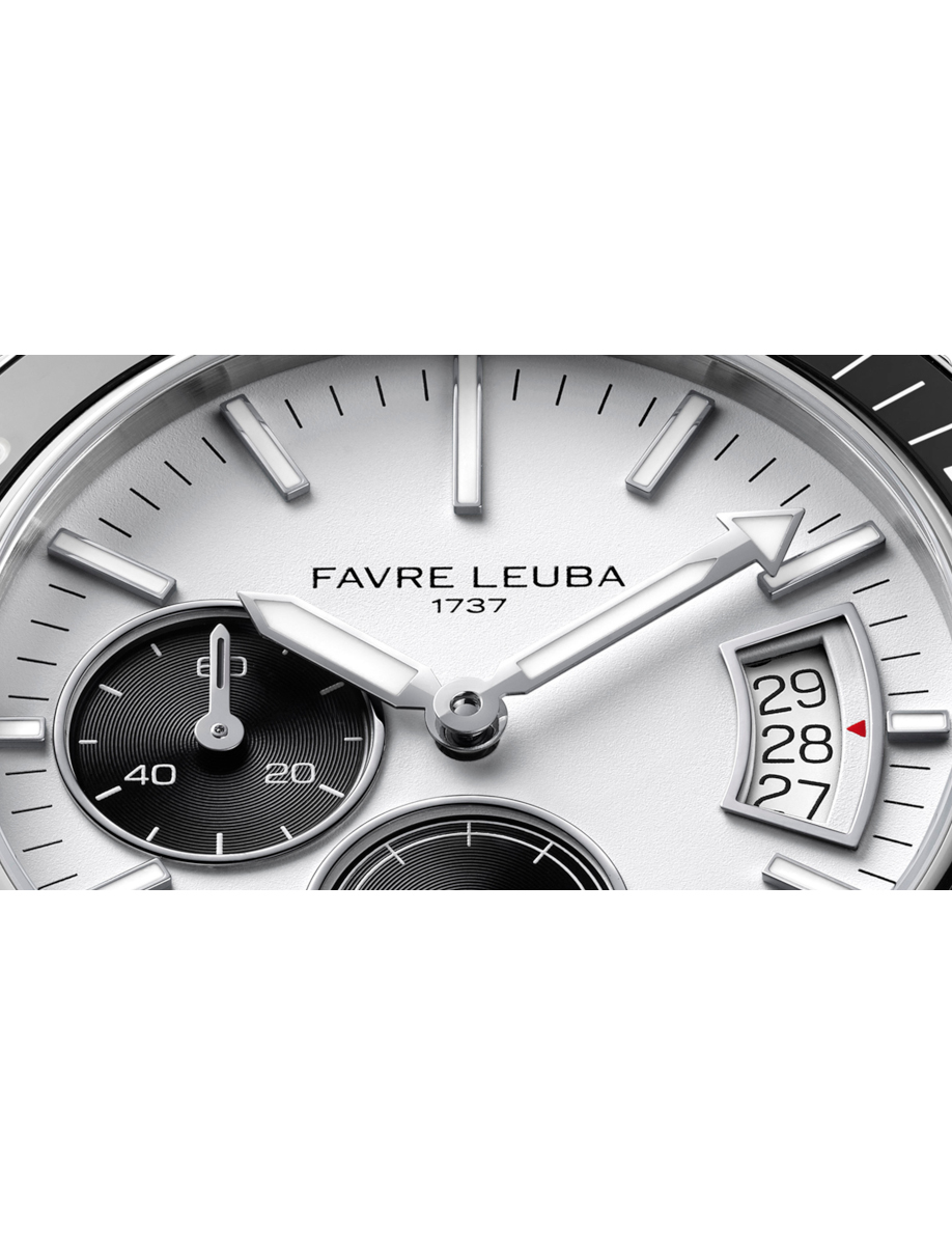 Close view of Favre Leuba Deep Raider Power Reserve wristwatch with stainless steel case and bracelet, and white dial.