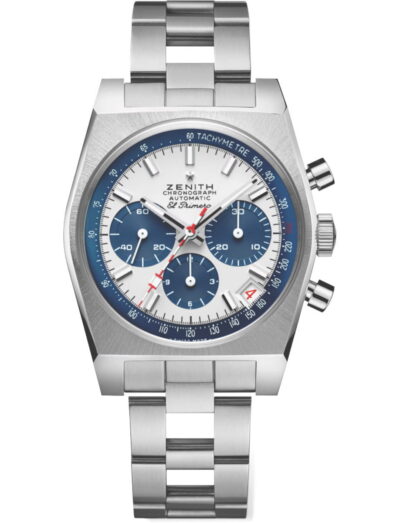 Zenith Chronomaster Revival Liberty II wristwatch with stainless steel case and bracelet, and white and blue dial.