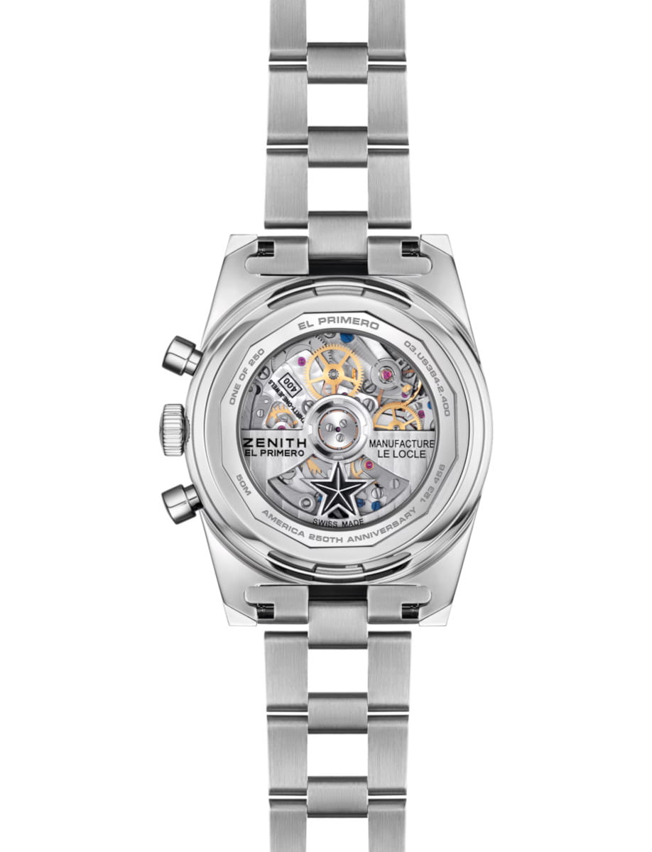 Back view of Zenith Chronomaster Revival Liberty II wristwatch with stainless steel case and bracelet, and transparent case back.