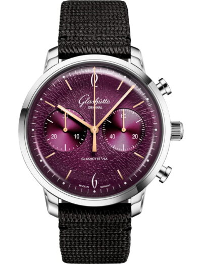 Glashutte Original wristwatch with stainless steel case, purple dial and black synthetic fabric strap