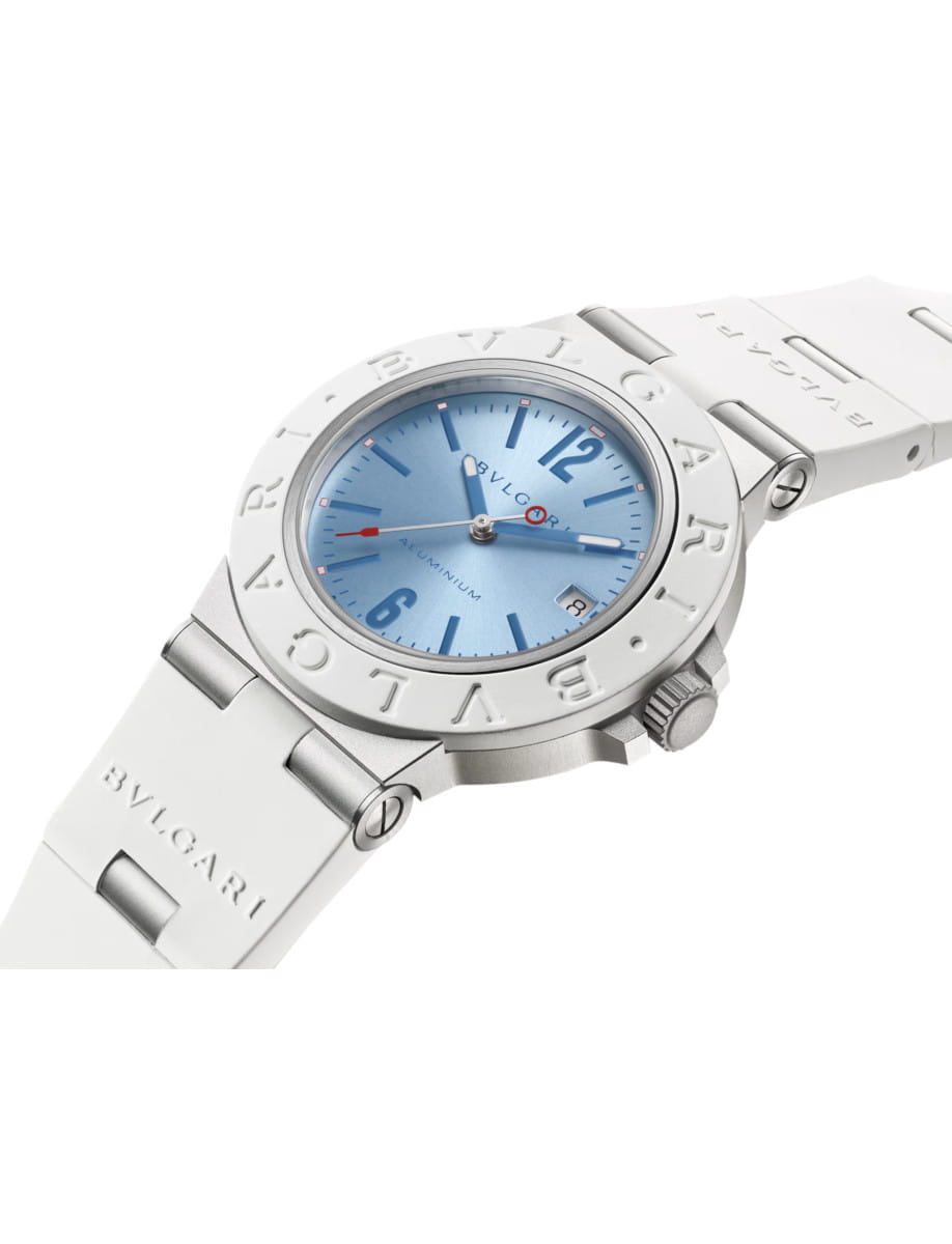 Front side view of Bvlgari Aluminium Watch wristwatch with aluminium case, white rubber bezel and bracelet, and sun-brushed blue dial.