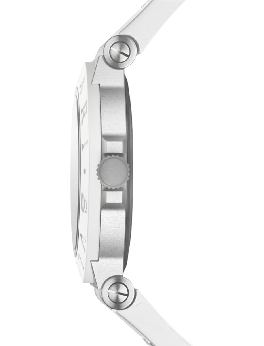 Side view of Bvlgari Aluminium Watch wristwatch with aluminium case, white rubber bezel and bracelet, and sun-brushed blue dial.