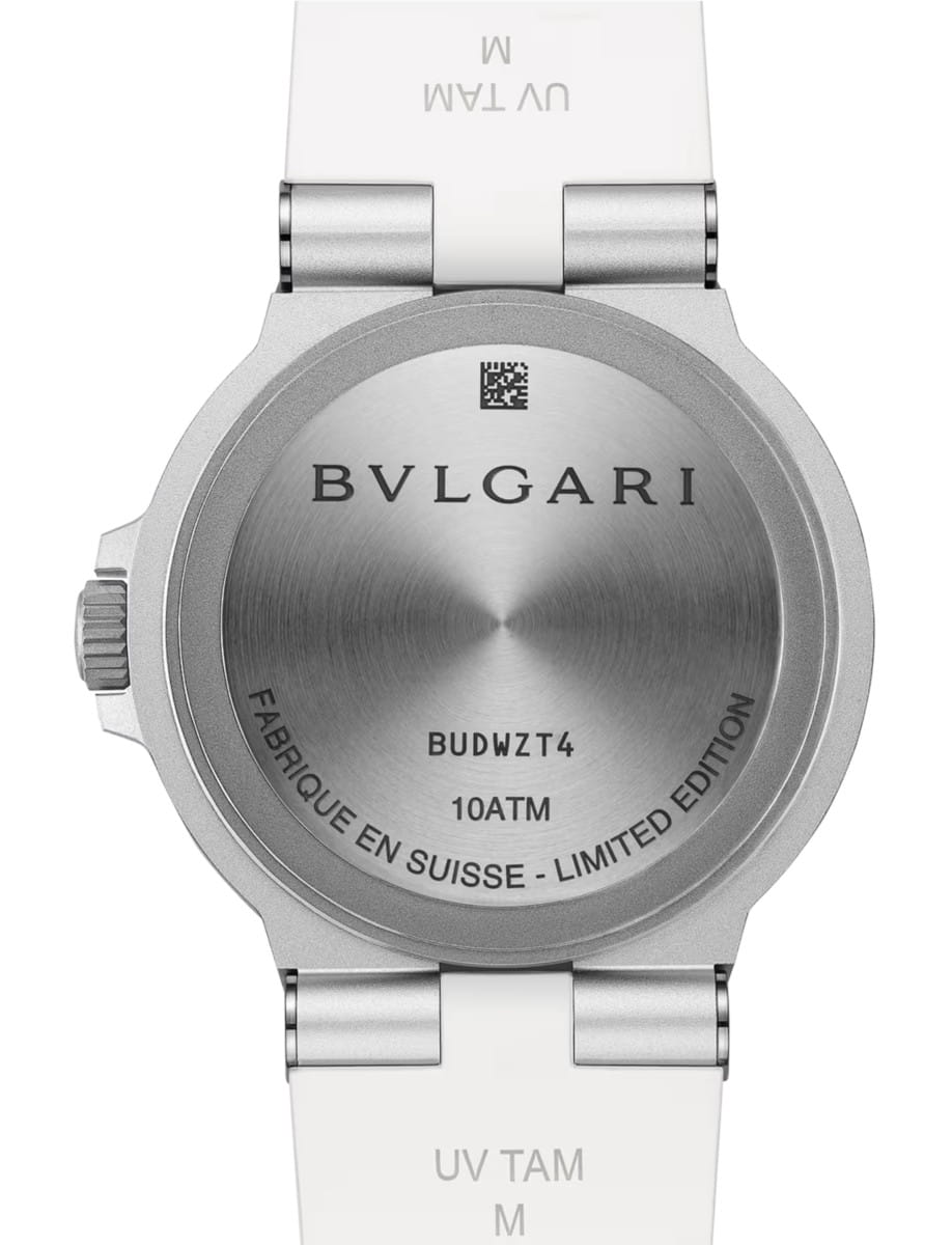 Back view of Bvlgari Aluminium Watch wristwatch with aluminium case, white rubber bezel and bracelet, and sun-brushed blue dial.