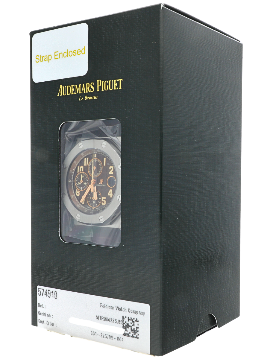 Front left view of box of Pre-owned Audemars Piguet Royal Oak Offshore Chronograph wristwatch with stainless steel case, brown dial, and brown leather strap.