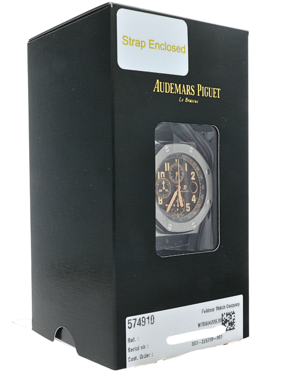 Front right view of box of Pre-owned Audemars Piguet Royal Oak Offshore Chronograph wristwatch with stainless steel case, brown dial, and brown leather strap.