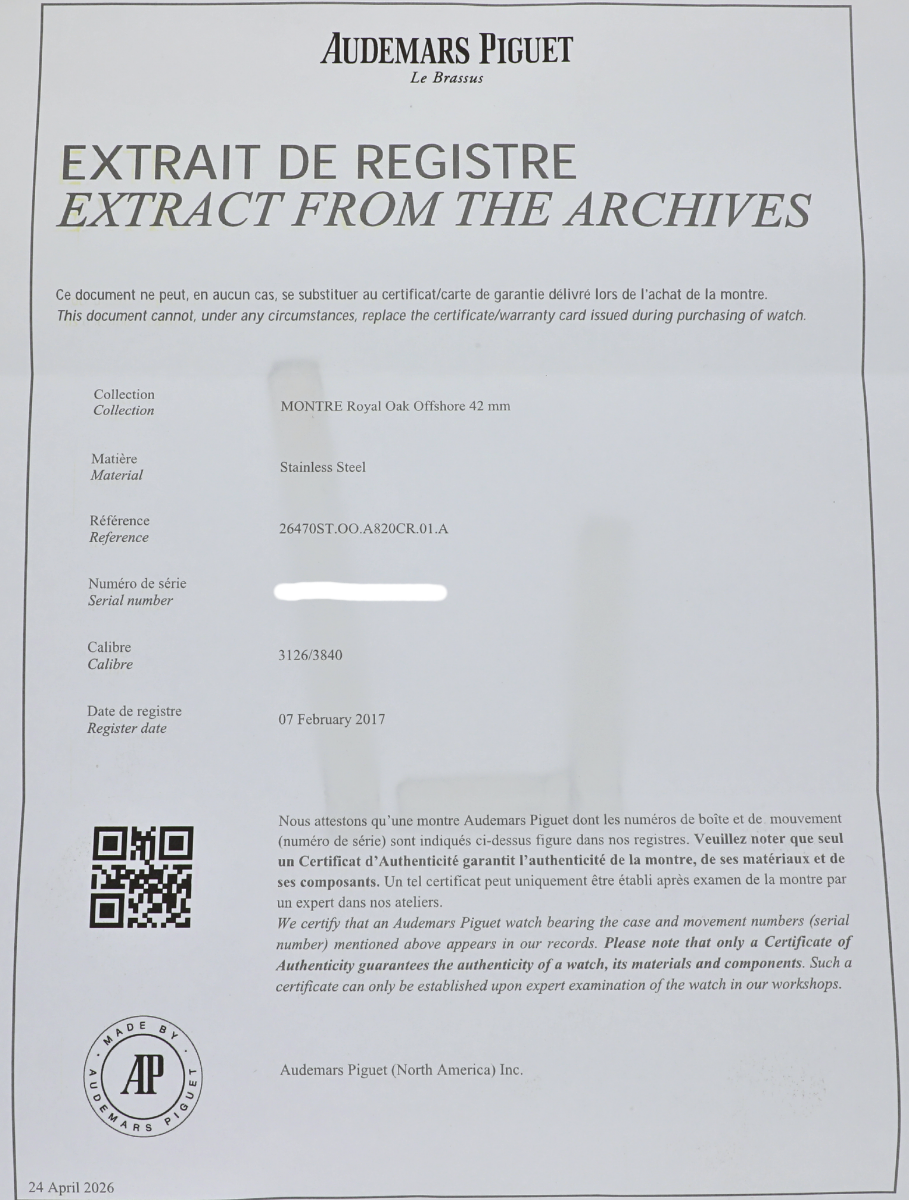 Certificate of Pre-owned Audemars Piguet Royal Oak Offshore Chronograph wristwatch with stainless steel case, brown dial, and brown leather strap.