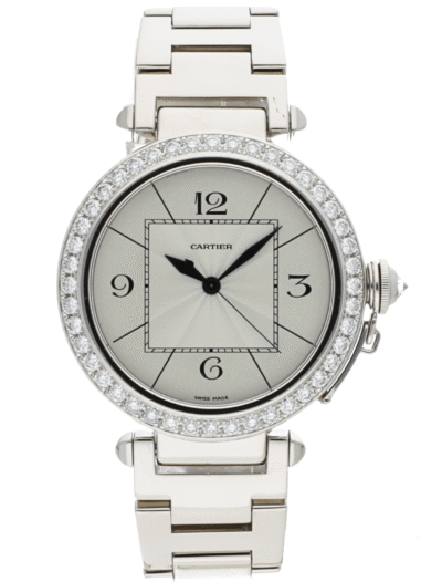 Pre-owned Cartier Pasha wristwatch with white gold case and bracelet, and silver dial.
