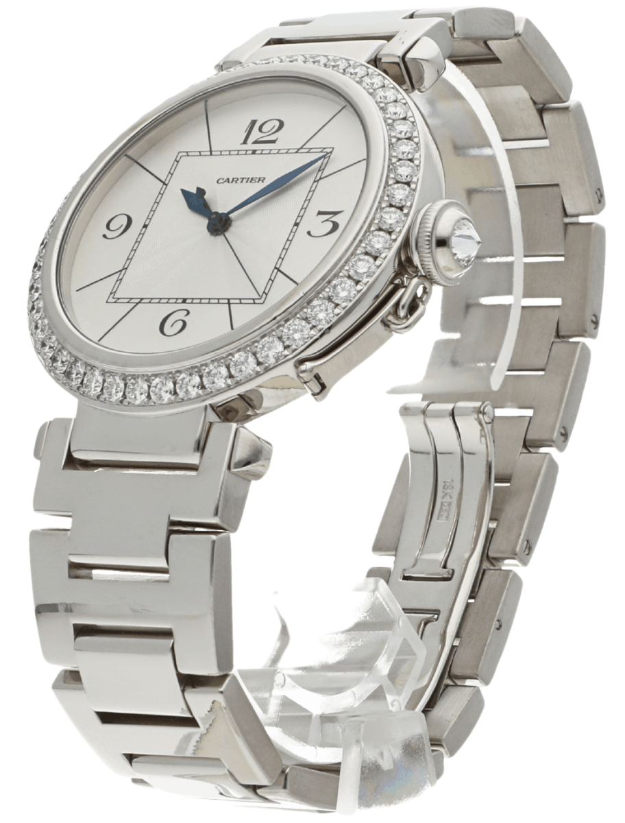 Front left view of Pre-owned Cartier Pasha wristwatch with white gold case and bracelet, and silver dial.