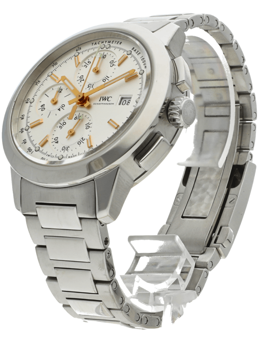 Front left view of Pre-Owned IWC Ingenieur Chronograph wristwatch with stainless steel case and bracelet, and silver dial.