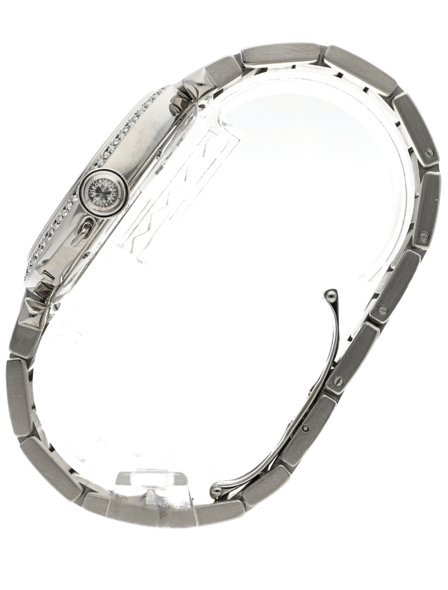 Left side view of Pre-owned Cartier Pasha wristwatch with white gold case and bracelet, and silver dial.