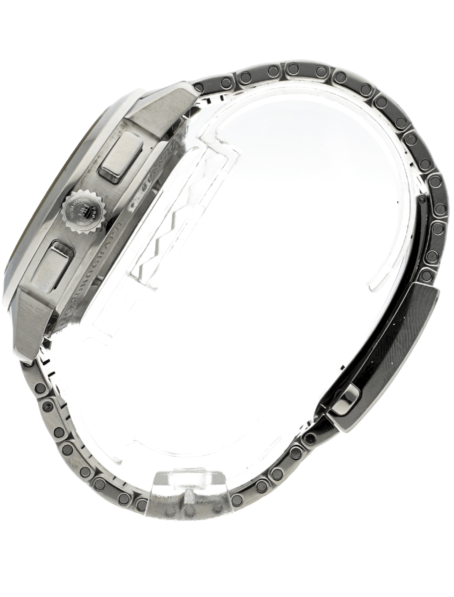 Left side view of Pre-Owned IWC Ingenieur Chronograph wristwatch with stainless steel case and bracelet, and silver dial.