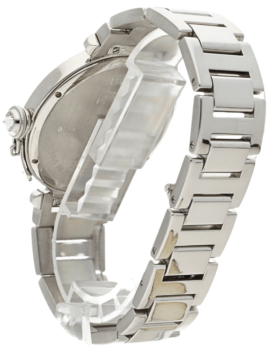 Back left view of Pre-owned Cartier Pasha wristwatch with white gold case and bracelet, and silver dial.