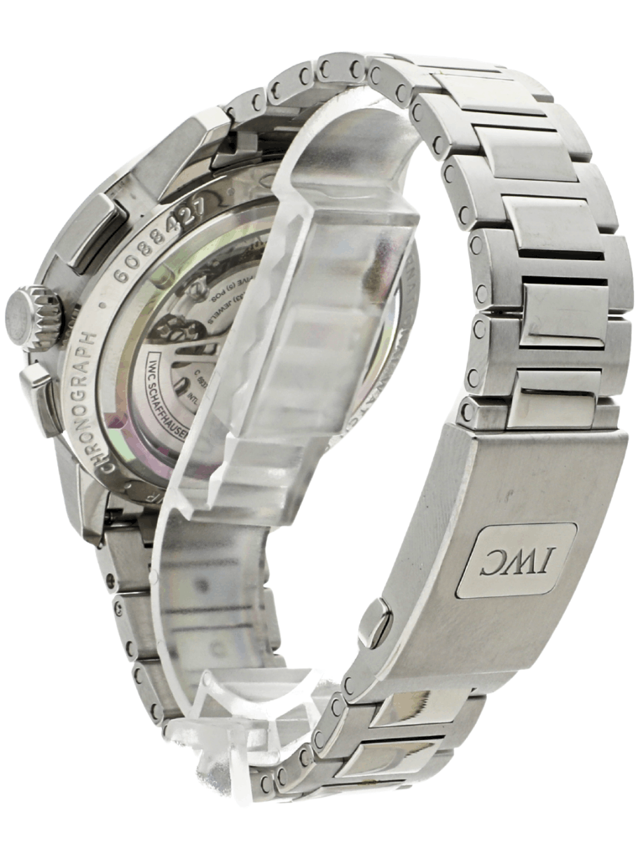 Back left view of Pre-Owned IWC Ingenieur Chronograph wristwatch with stainless steel case and bracelet, and silver dial.