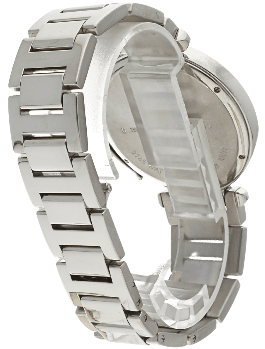 Back right view of Pre-owned Cartier Pasha wristwatch with white gold case and bracelet, and silver dial.