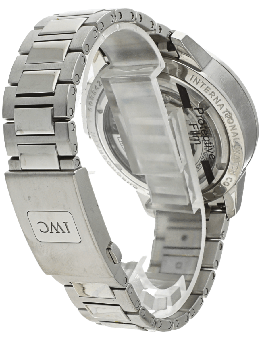 Back right view of Pre-Owned IWC Ingenieur Chronograph wristwatch with stainless steel case and bracelet, and silver dial.