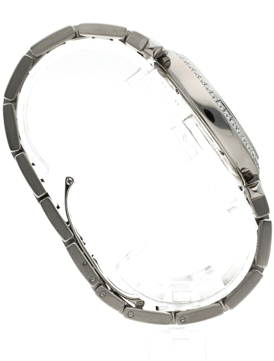 Right view of Pre-owned Cartier Pasha wristwatch with white gold case and bracelet, and silver dial.