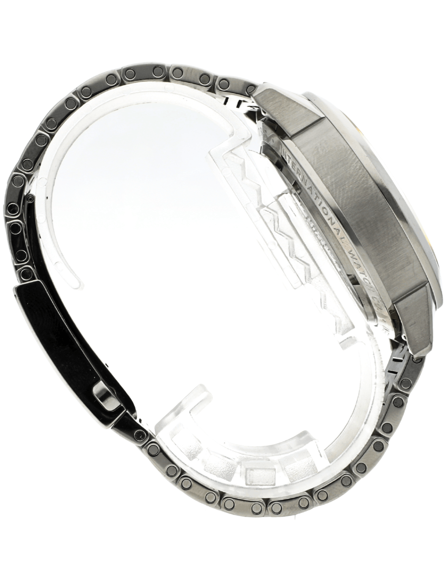 Right side view of Pre-Owned IWC Ingenieur Chronograph wristwatch with stainless steel case and bracelet, and silver dial.