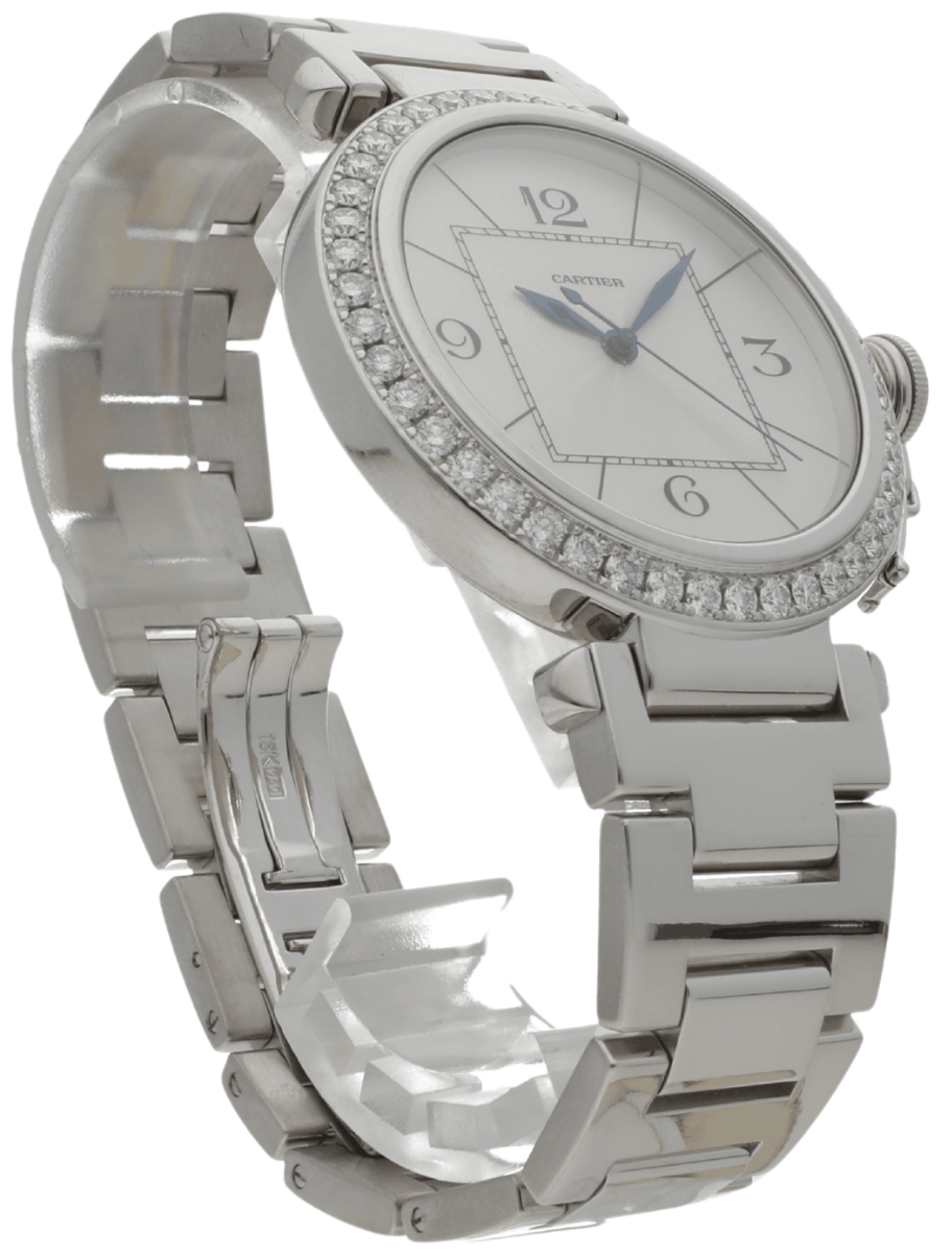 Front right view of Pre-owned Cartier Pasha wristwatch with white gold case and bracelet, and silver dial.