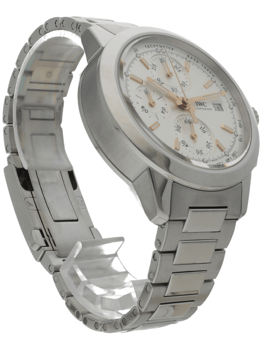 Front right view of Pre-Owned IWC Ingenieur Chronograph wristwatch with stainless steel case and bracelet, and silver dial.