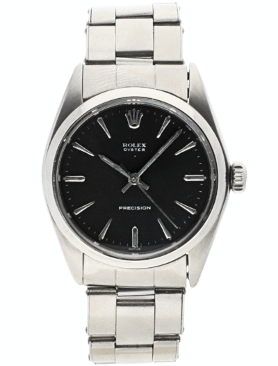 Pre-owned Rolex Oyster Precision wristwatch with stainless steel case and bracelet, and black dial.