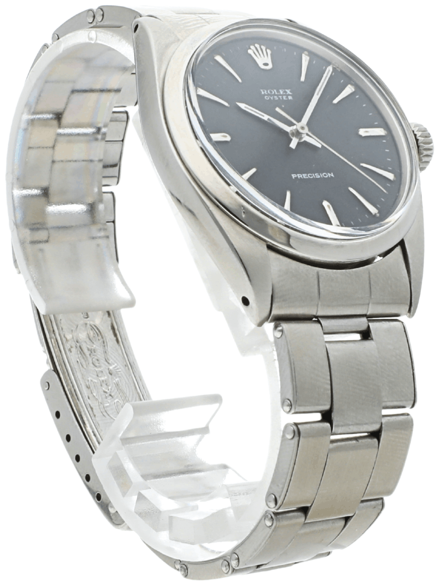 Front right view of Pre-owned Rolex Oyster Precision wristwatch with stainless steel case and bracelet, and black dial.