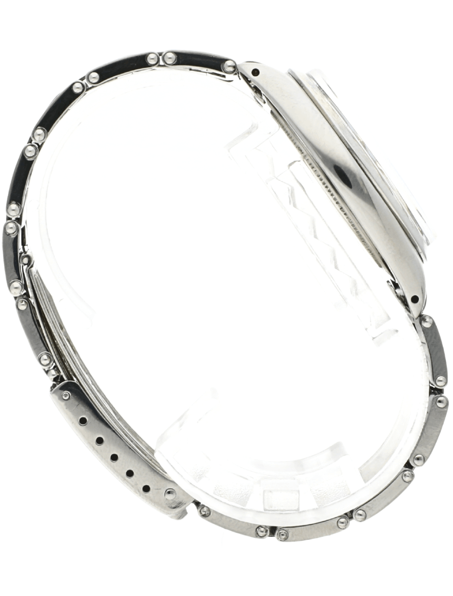 Right side view of Pre-owned Rolex Oyster Precision wristwatch with stainless steel case and bracelet, and black dial.