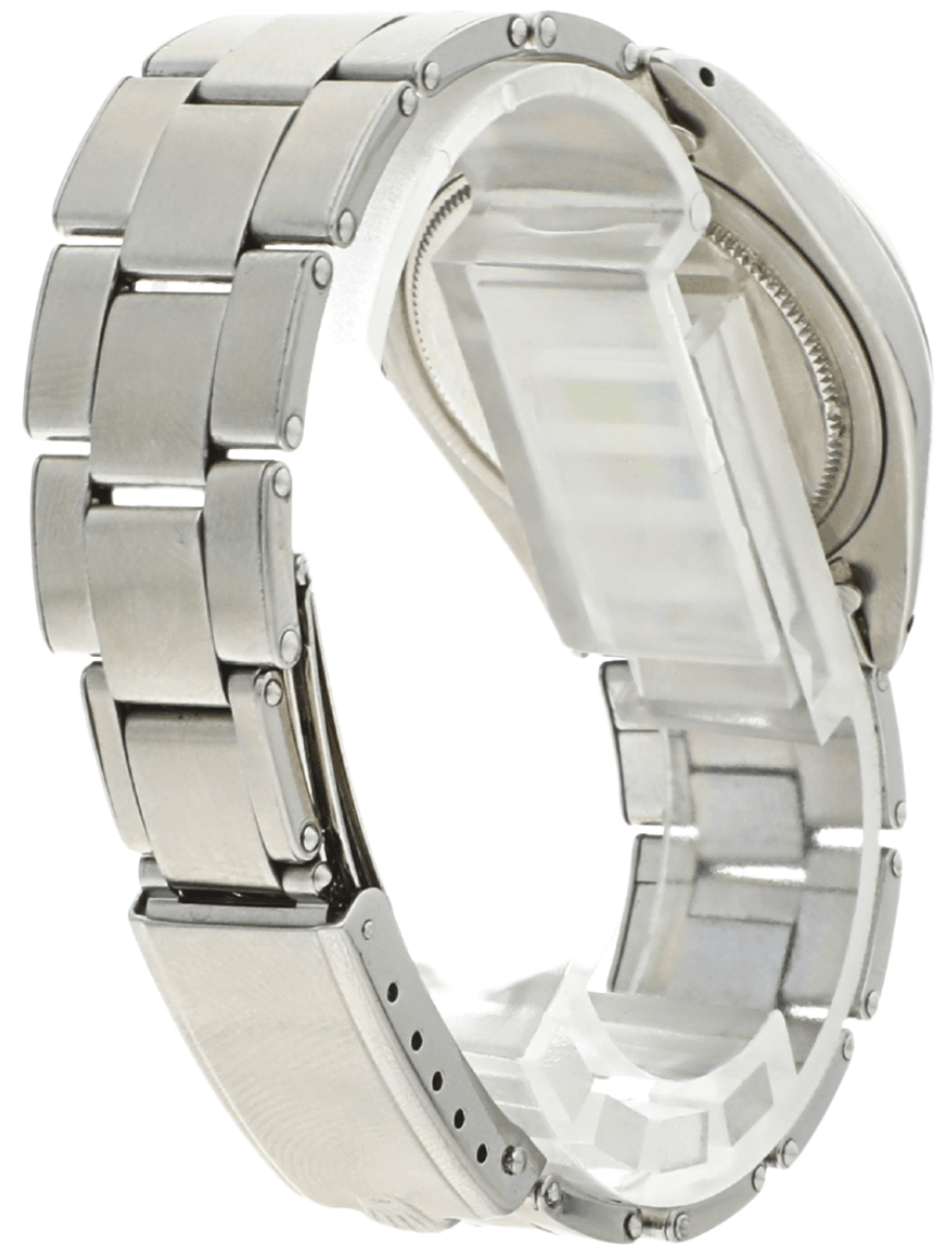 Right back view of Pre-owned Rolex Oyster Precision wristwatch with stainless steel case and bracelet, and black dial.